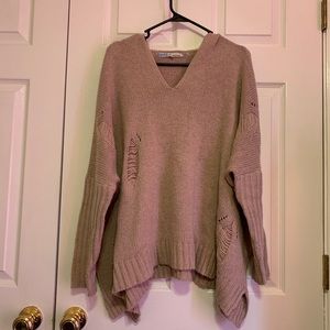 Distressed tan sweater with hood